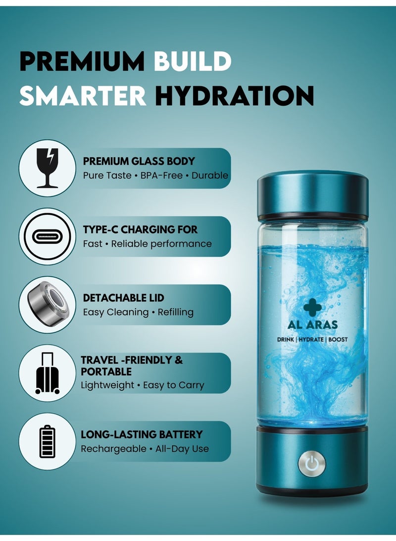 Al Aras Hydrogen Water Bottle Generator – 2200PPB | Portable Rechargeable SPE/PEM Hydrogen Water Maker, 420ml, Type-C, For Home Office Travel & Fitness - Image 3